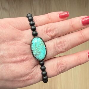 Rarities by Carol Brodie Turquoise and Onyx  beaded stretch bracelet.